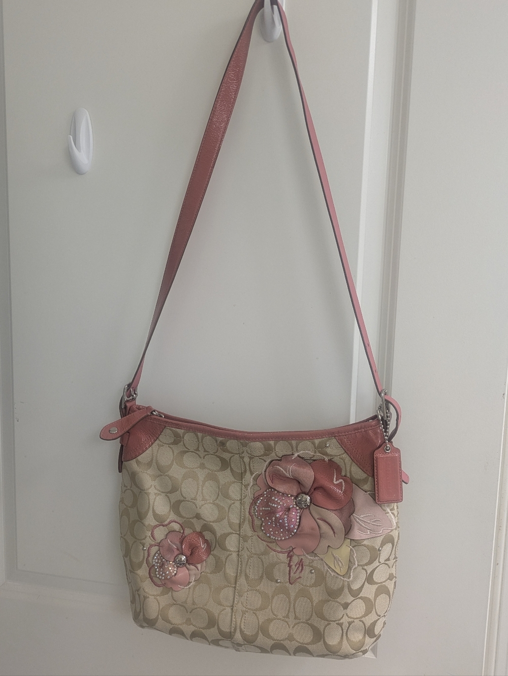 Upcrafted Coach Coral Bleeker Hobo F16628 with Flower Appliques and Crystal